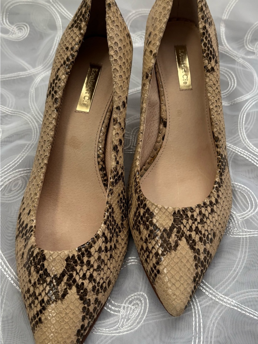 Lousie et Cie Snake-Print Pointed Toe heels in Beige and Black